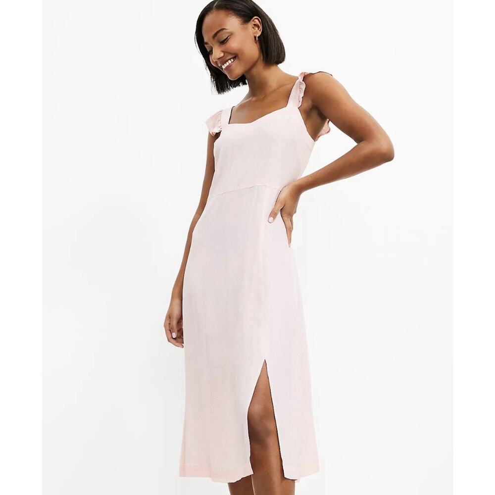 NWT Loft Size 12 Pink Polka Dot Ruffle Midi Dress